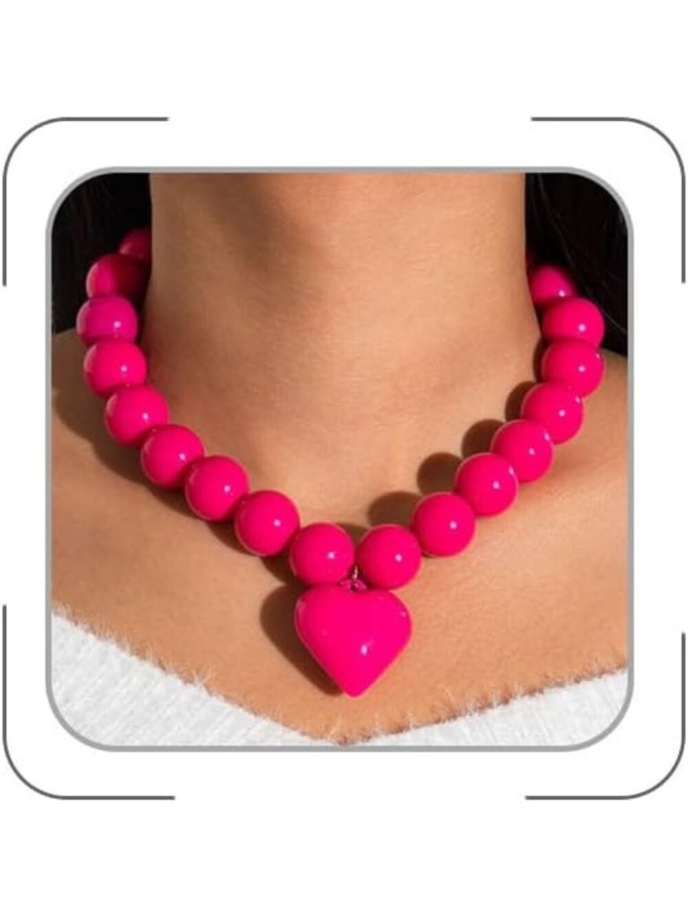Women's Dark Pink Chunky Beaded Heart Pendant Necklace Trendy Y2k Choker Gift
